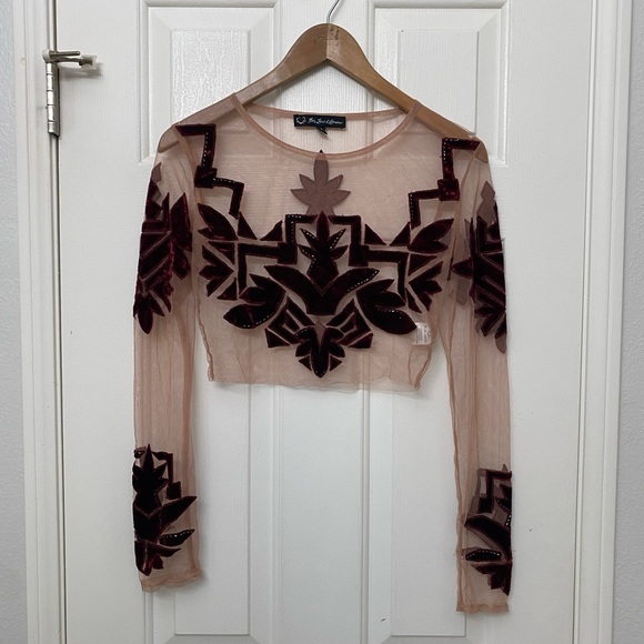 For Love and Lemons Vienna Maroon Velvet Beaded Mesh Long Sleeve Crop Top - Picture 2 of 6
